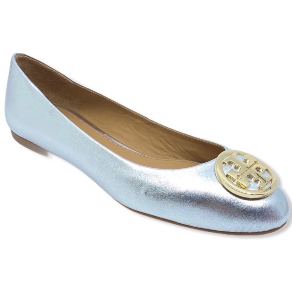 Tory Burch Women's Benton 2 Ballet Flat Leather Silver Shoe Size 8